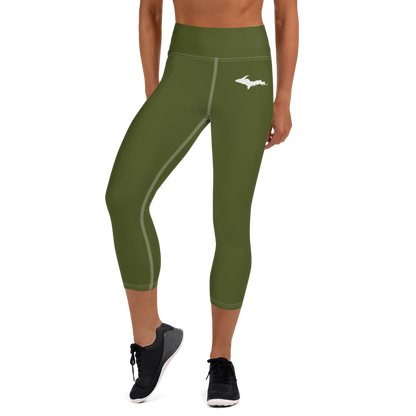 Michigan Upper Peninsula Yoga Capri Leggings (w/ UP Outline) | Army Green