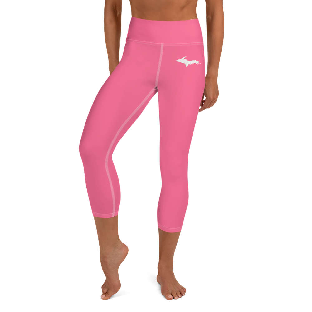 Michigan Upper Peninsula Yoga Capri Leggings (w/ UP Outline) | Rhodochrosite Pink