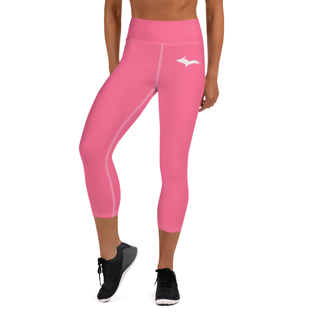 Michigan Upper Peninsula Yoga Capri Leggings (w/ UP Outline) | Rhodochrosite Pink