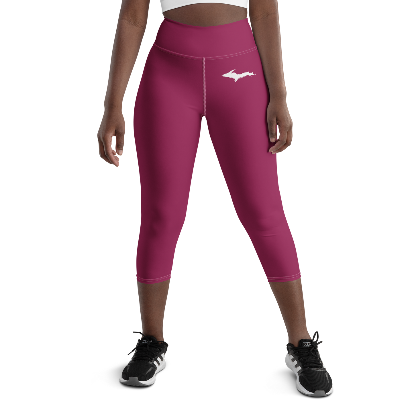 Michigan Upper Peninsula Yoga Capri Leggings (w/ UP Outline) | Ruby Red