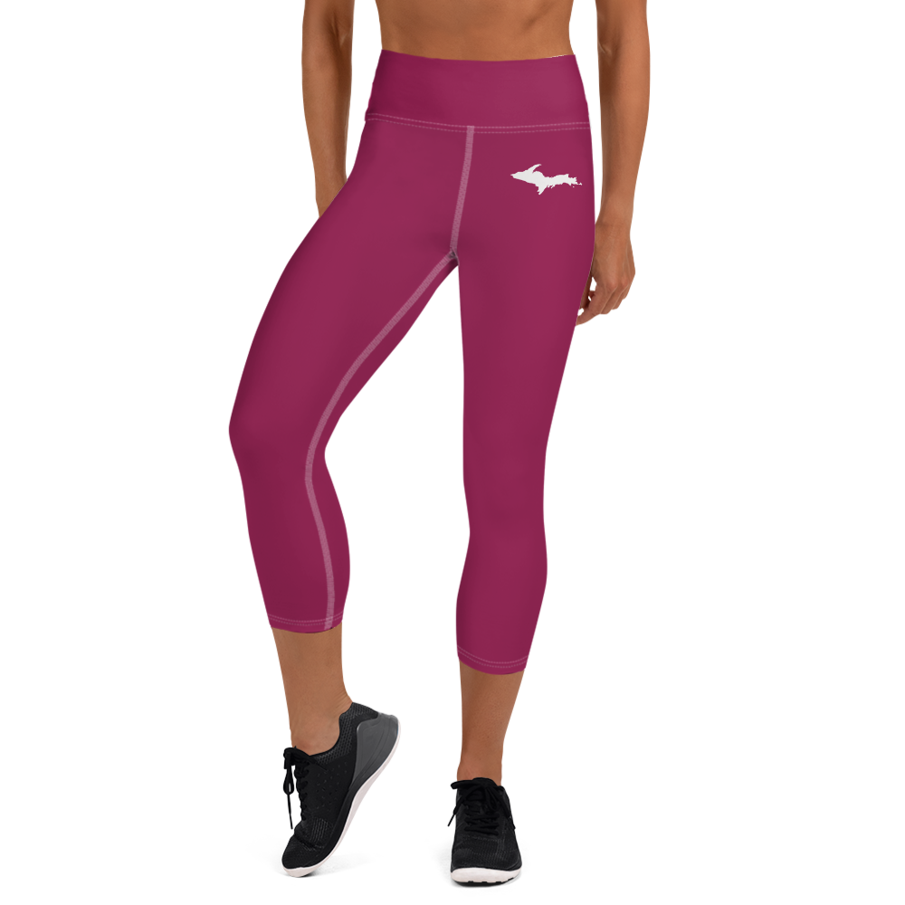 Michigan Upper Peninsula Yoga Capri Leggings (w/ UP Outline) | Ruby Red