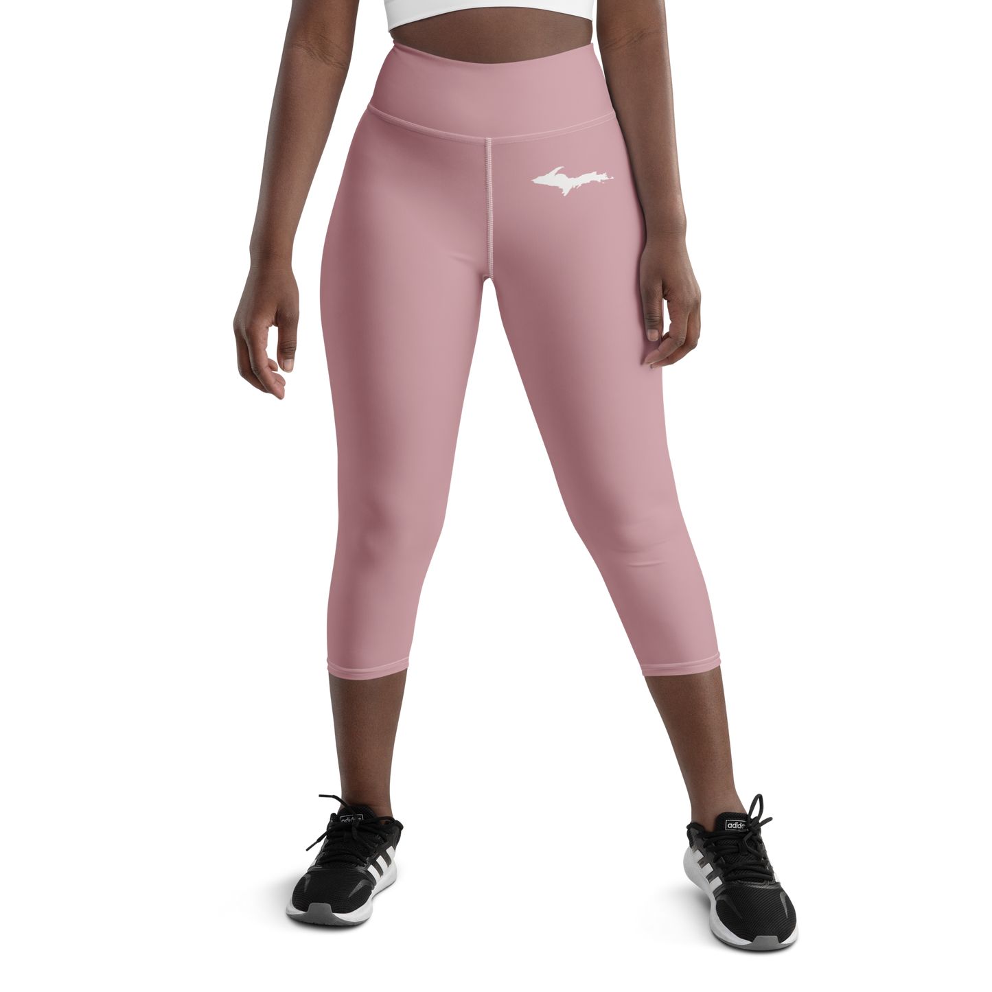 Michigan Upper Peninsula Yoga Capri Leggings (w/ UP Outline) | Cherry Blossom Pink