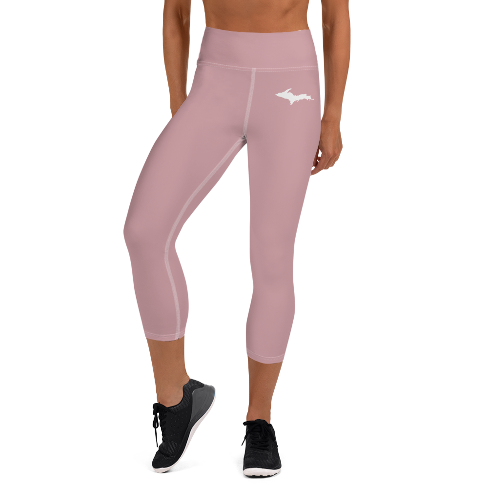 Michigan Upper Peninsula Yoga Capri Leggings (w/ UP Outline) | Cherry Blossom Pink