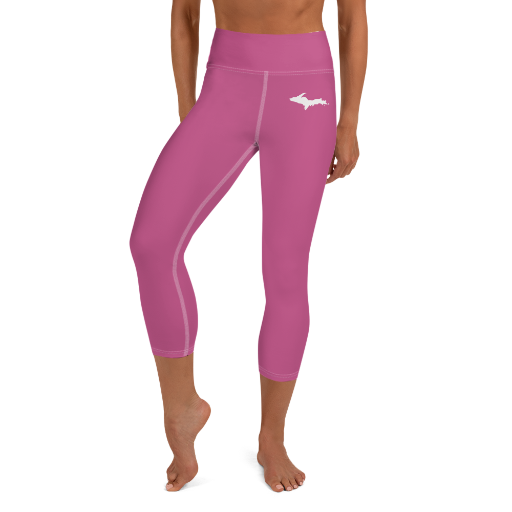 Michigan Upper Peninsula Yoga Capri Leggings (w/ UP Outline) | Apple Blossom Pink