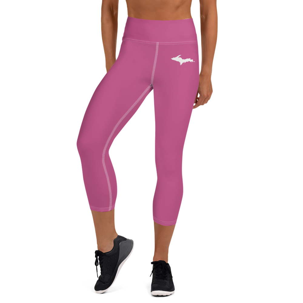 Michigan Upper Peninsula Yoga Capri Leggings (w/ UP Outline) | Apple Blossom Pink