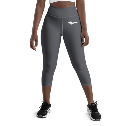 Michigan Upper Peninsula Yoga Capri Leggings (w/ UP Outline) | Iron Ore Grey