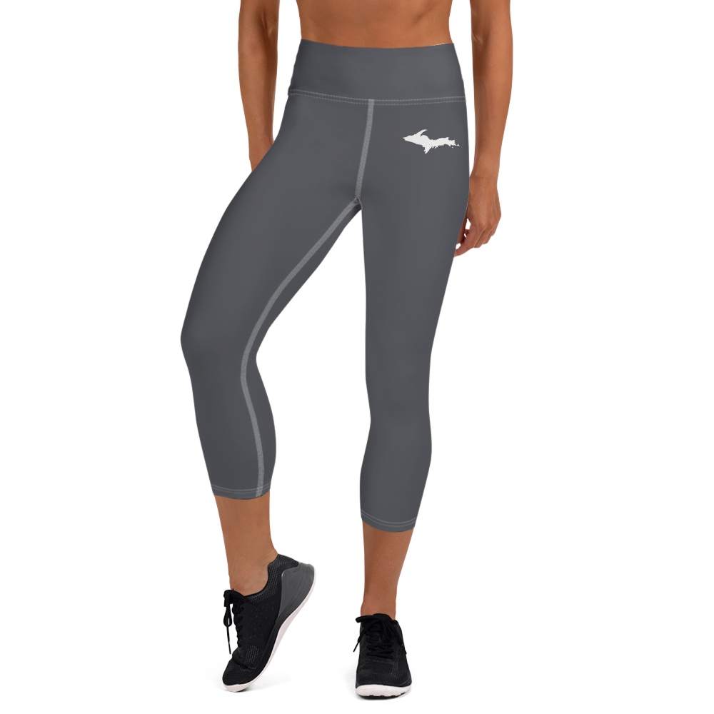 Michigan Upper Peninsula Yoga Capri Leggings (w/ UP Outline) | Iron Ore Grey