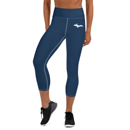 Michigan Upper Peninsula Yoga Capri Leggings (w/ UP Outline) | Navy