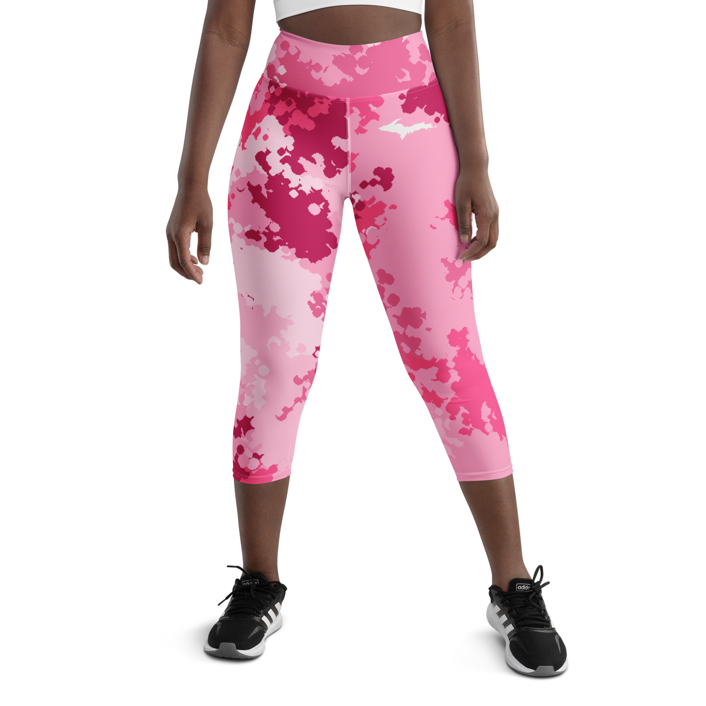 Michigan Upper Peninsula Yoga Capri Leggings (w/ UP Outline) | Pink Camo