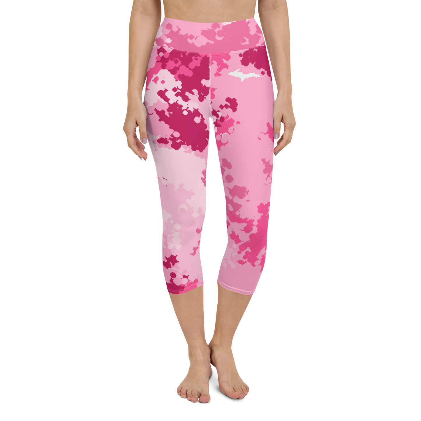 Michigan Upper Peninsula Yoga Capri Leggings (w/ UP Outline) | Pink Camo