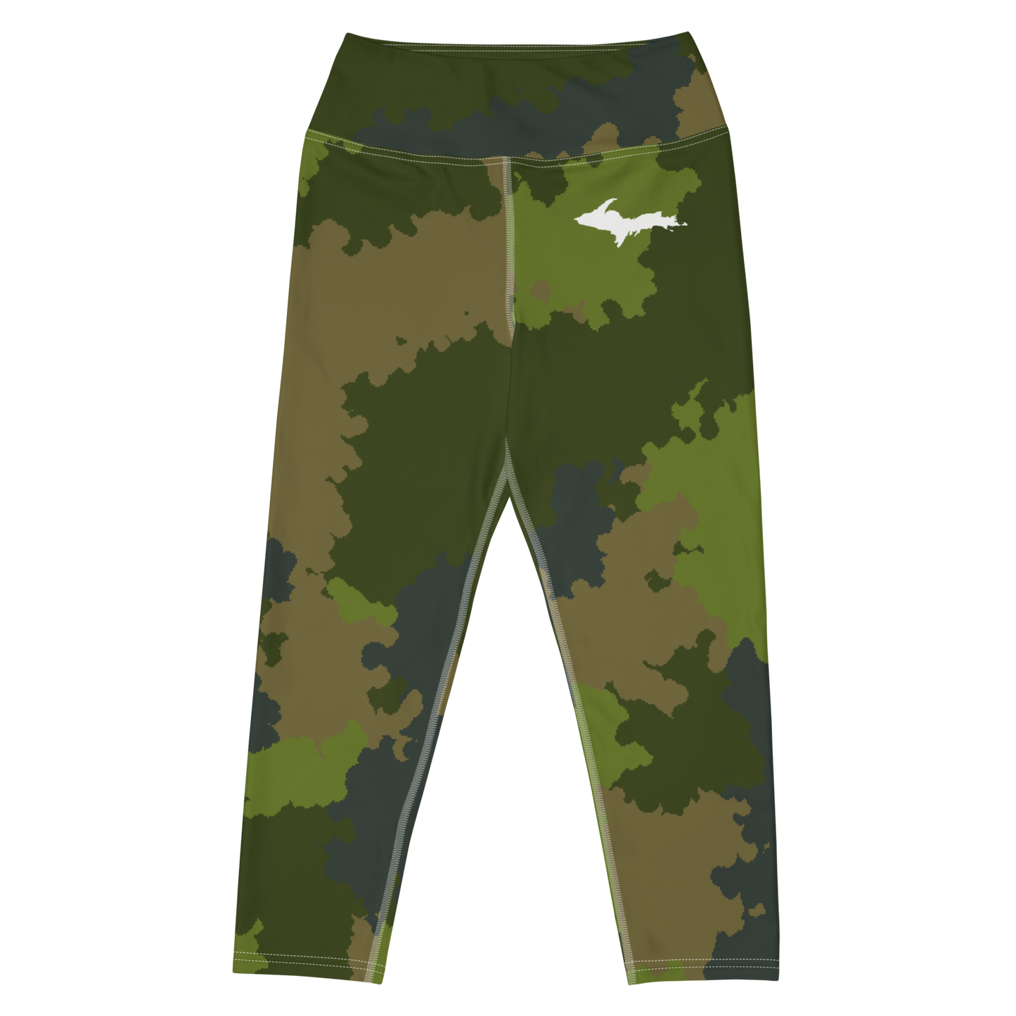 Michigan Upper Peninsula Yoga Capri Leggings (w/ UP Outline) | Woodland Camo