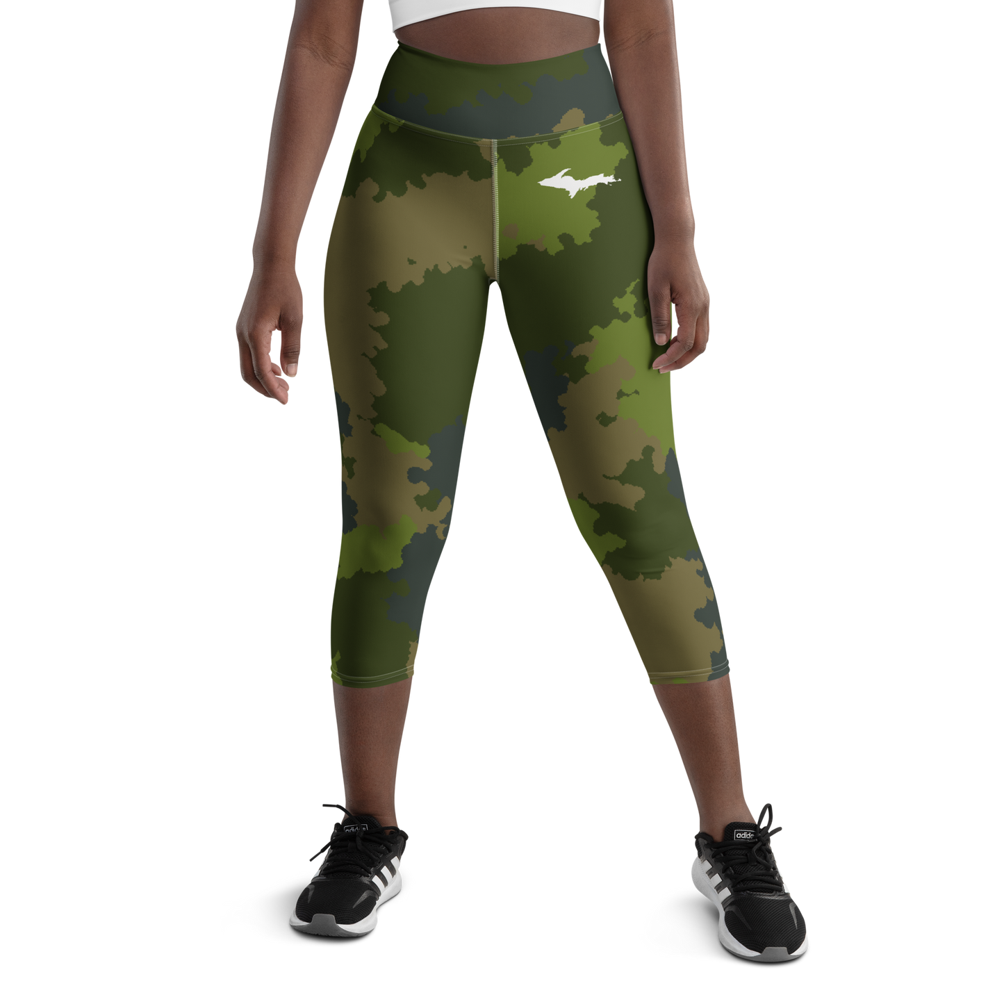 Michigan Upper Peninsula Yoga Capri Leggings (w/ UP Outline) | Woodland Camo