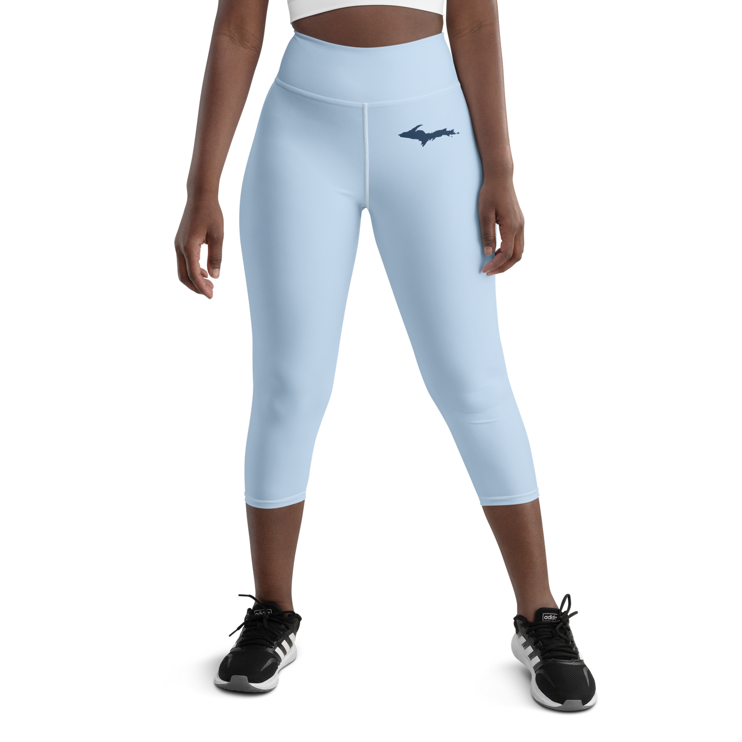 Michigan Upper Peninsula Yoga Capri Leggings (w/ UP Outline) | Light Blue