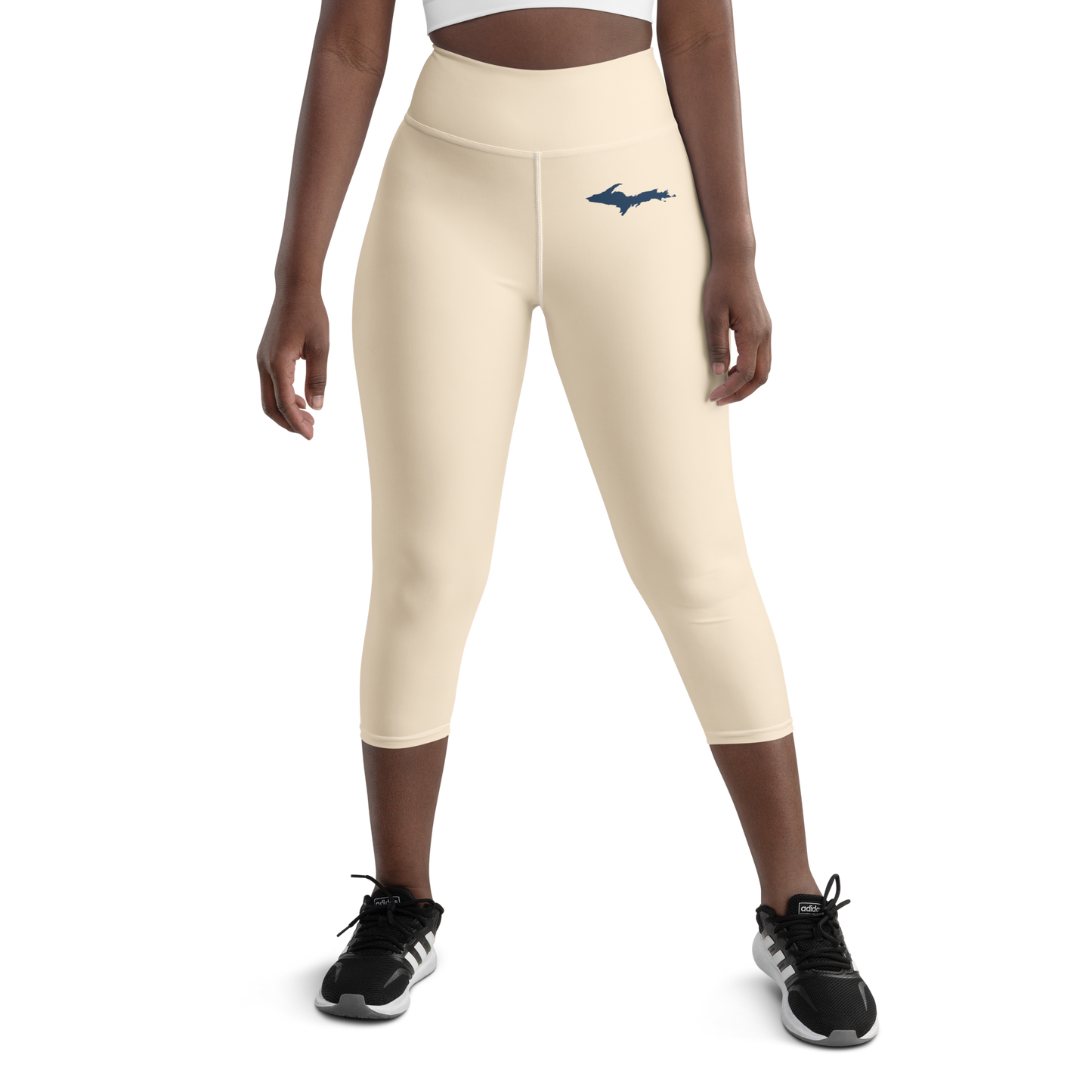 Michigan Upper Peninsula Yoga Capri Leggings (w/ UP Outline) | Champagne White