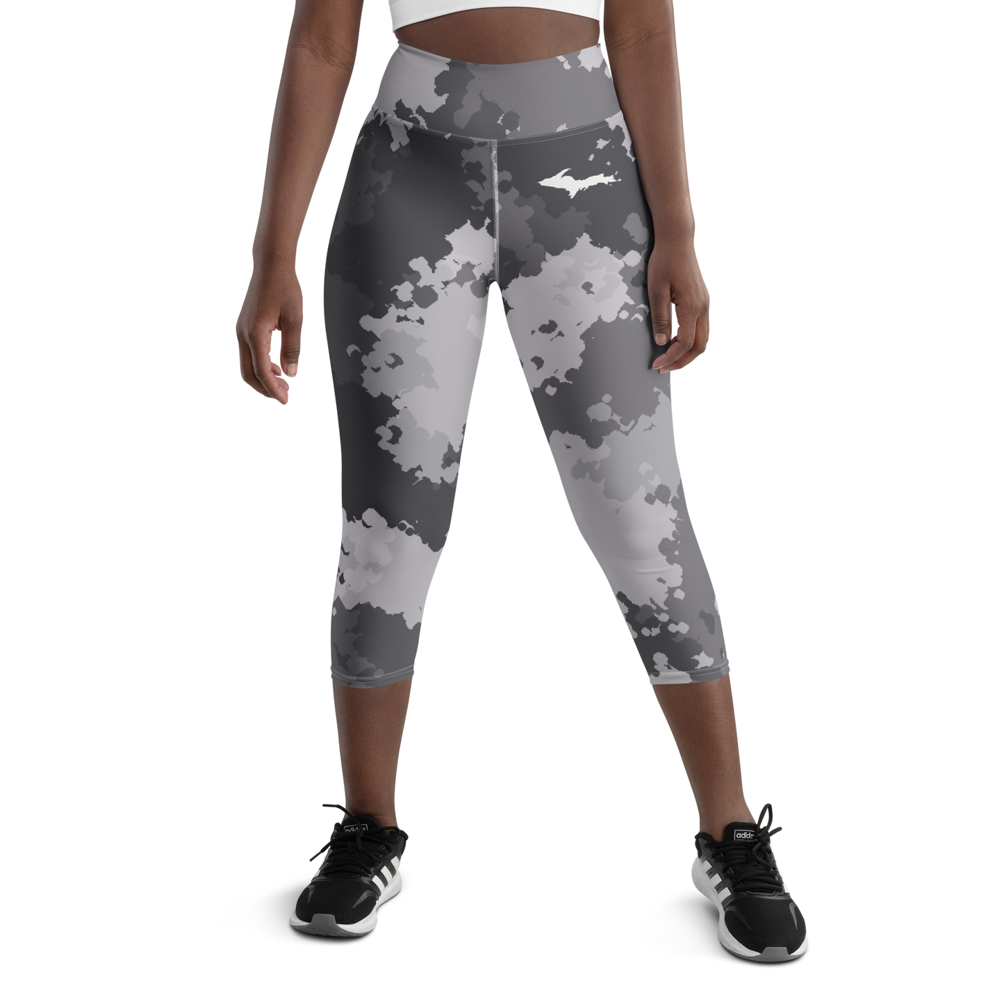 Michigan Upper Peninsula Yoga Capri Leggings (w/ UP Outline) | Iron Ore Grey