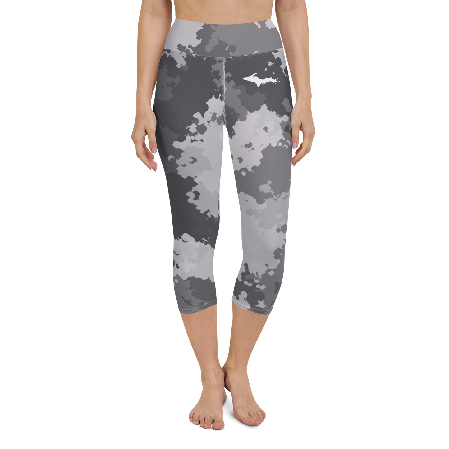 Michigan Upper Peninsula Yoga Capri Leggings (w/ UP Outline) | Iron Ore Grey