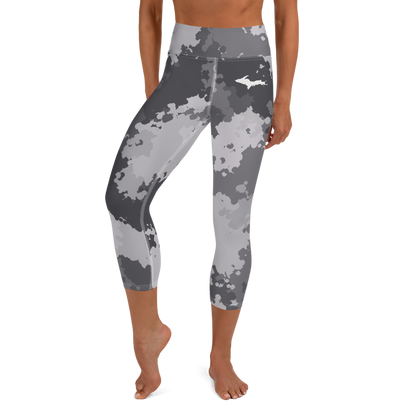 Michigan Upper Peninsula Yoga Capri Leggings (w/ UP Outline) | Iron Ore Grey