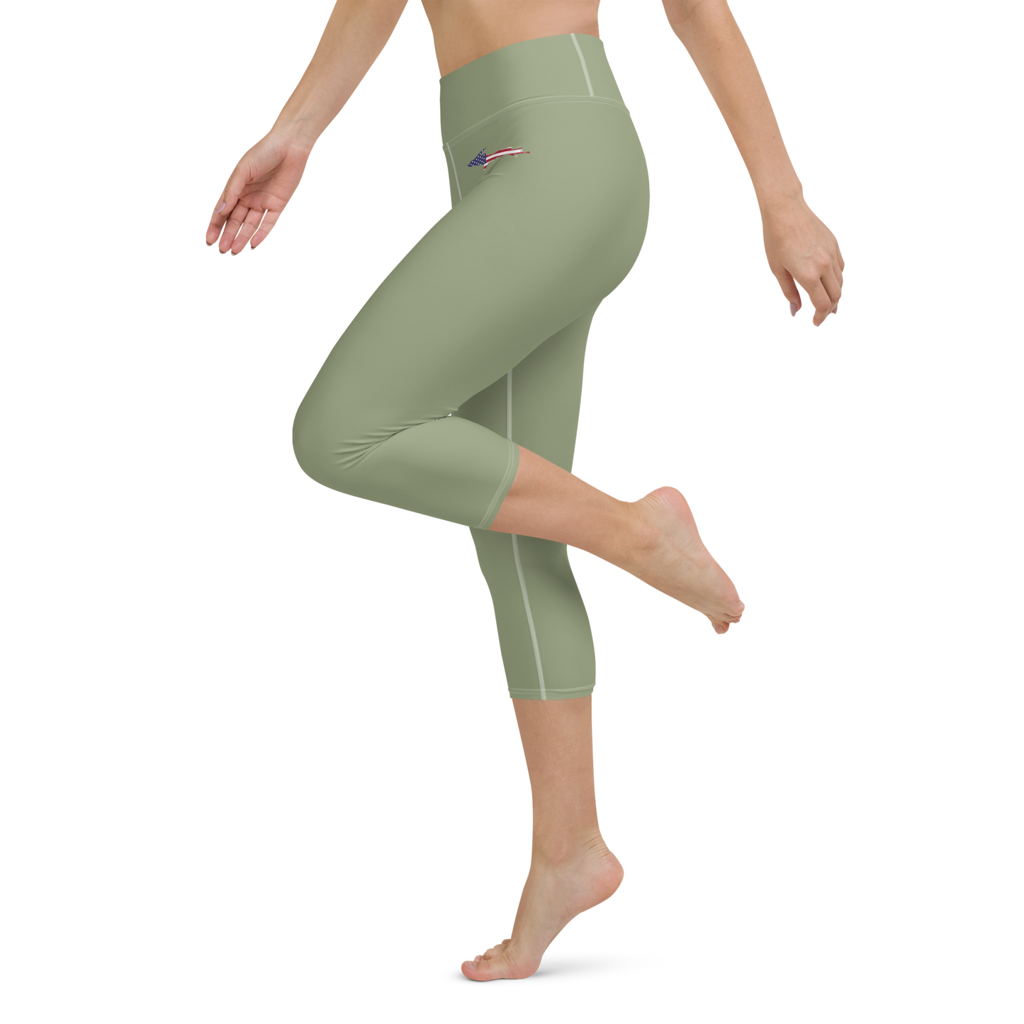 Michigan Upper Peninsula Yoga Capri Leggings (w/ UP USA Flag) | Beachgrass Green