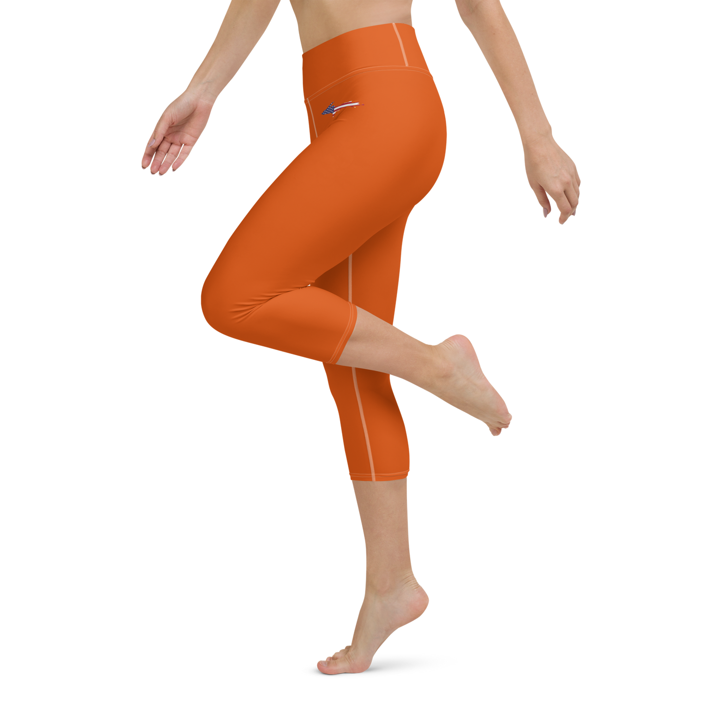 Michigan Upper Peninsula Yoga Capri Leggings (w/ UP USA Flag) | Maple Leaf Orange