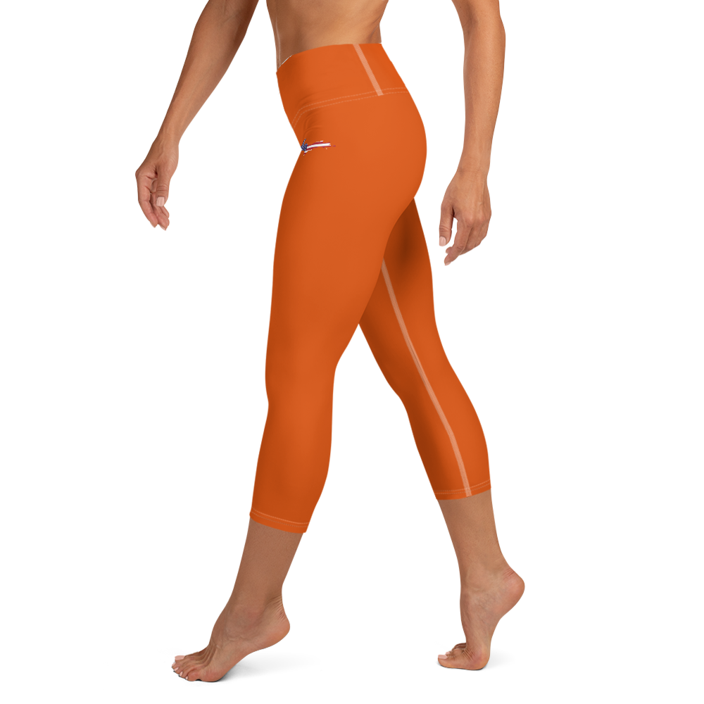 Michigan Upper Peninsula Yoga Capri Leggings (w/ UP USA Flag) | Maple Leaf Orange