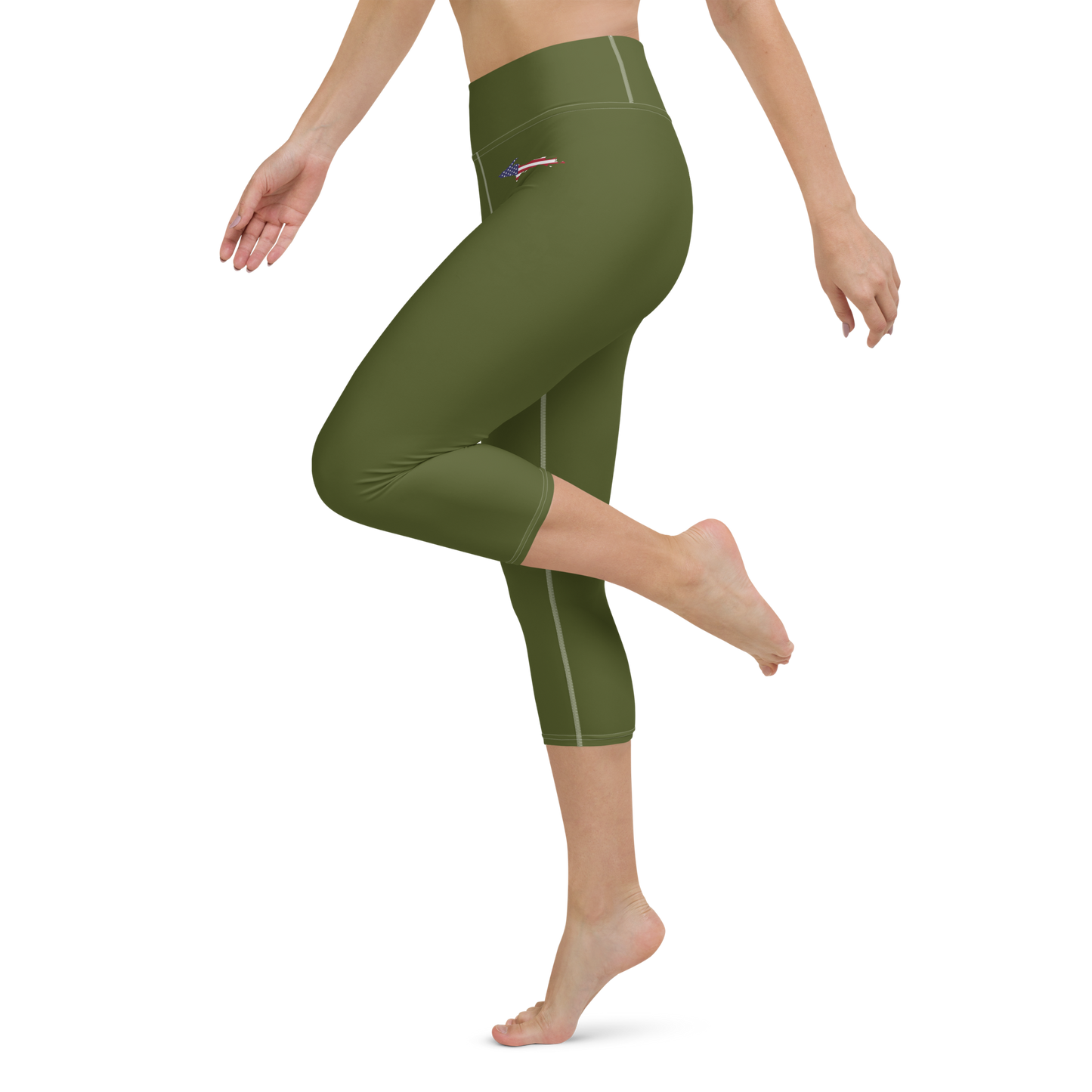 Michigan Upper Peninsula Yoga Capri Leggings (w/ UP USA Flag) | Army Green