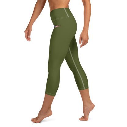 Michigan Upper Peninsula Yoga Capri Leggings (w/ UP USA Flag) | Army Green