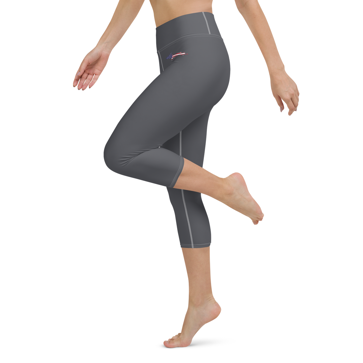 Michigan Upper Peninsula Yoga Capri Leggings (w/ UP USA Flag) | Iron Ore Grey