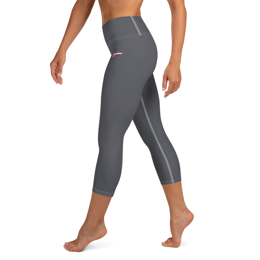 Michigan Upper Peninsula Yoga Capri Leggings (w/ UP USA Flag) | Iron Ore Grey