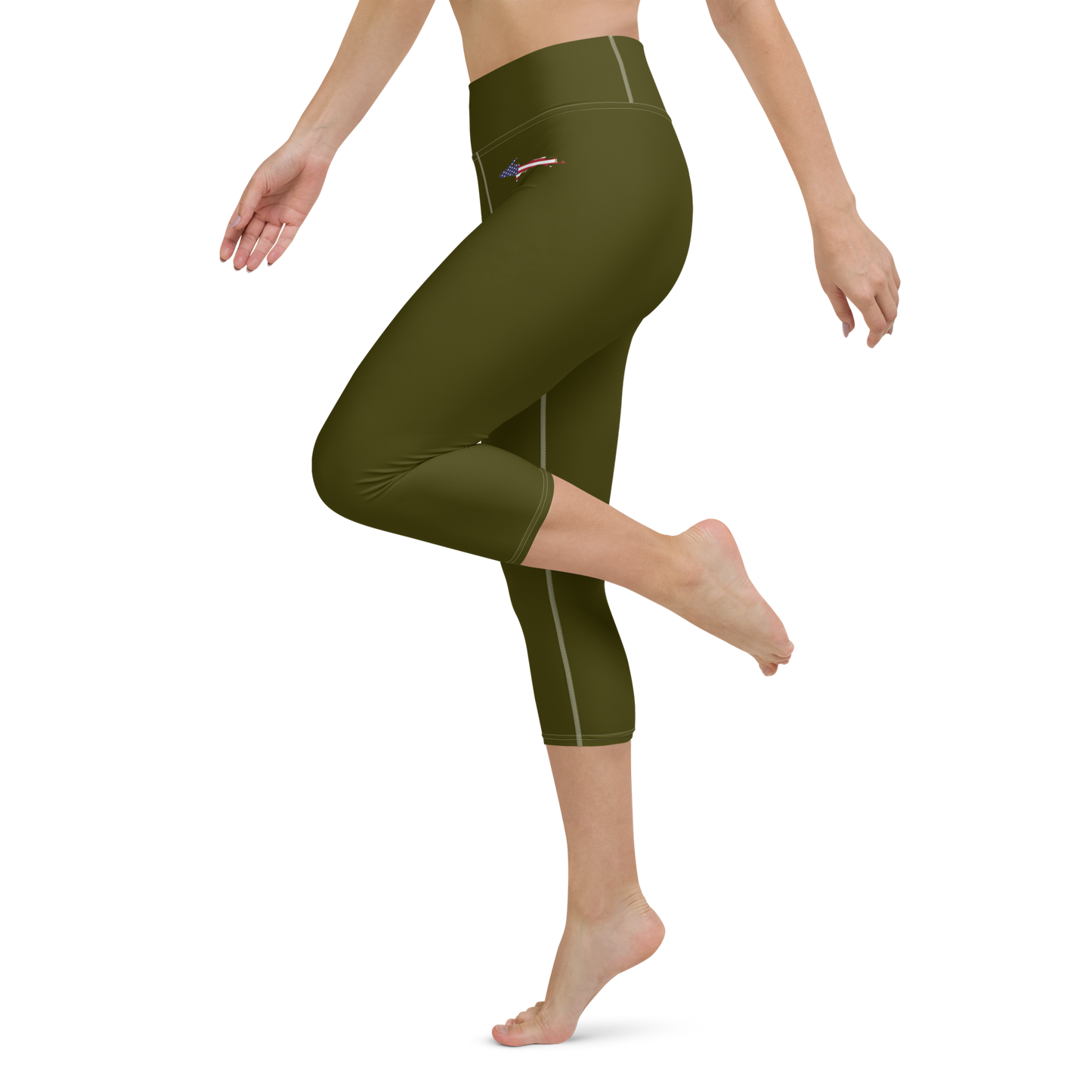 Michigan Upper Peninsula Yoga Capri Leggings (w/ UP USA Flag) | Military Green