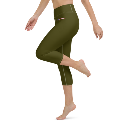 Michigan Upper Peninsula Yoga Capri Leggings (w/ UP USA Flag) | Military Green