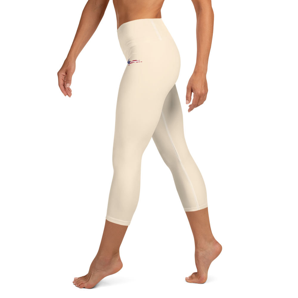 Michigan Upper Peninsula Yoga Capri Leggings (w/ UP USA Flag) | Champagne White