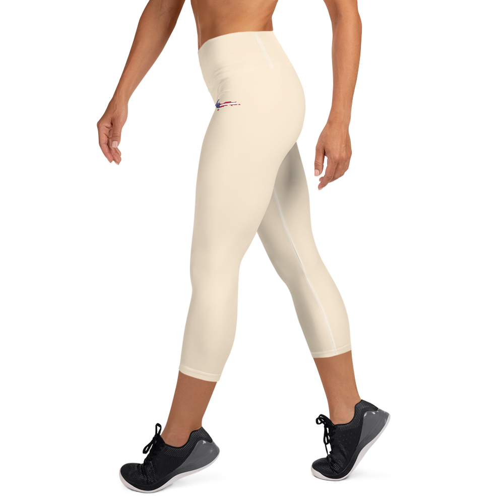 Michigan Upper Peninsula Yoga Capri Leggings (w/ UP USA Flag) | Champagne White