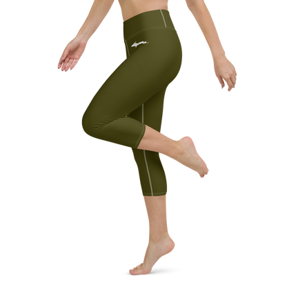 Michigan Upper Peninsula Yoga Capri Leggings (w/ UP Outline) | Military Green