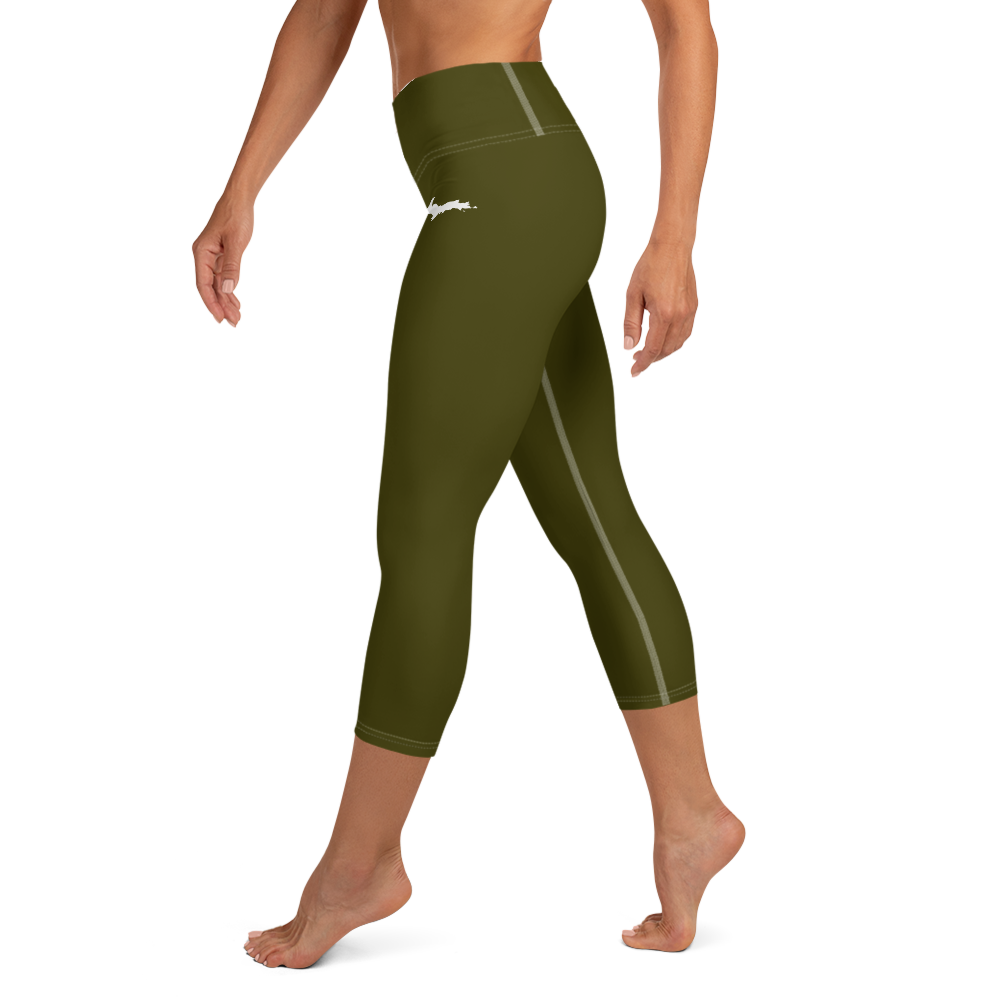 Michigan Upper Peninsula Yoga Capri Leggings (w/ UP Outline) | Military Green