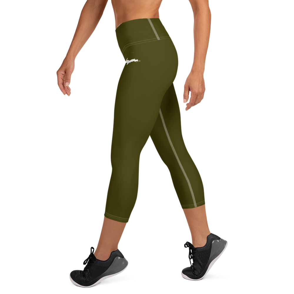 Michigan Upper Peninsula Yoga Capri Leggings (w/ UP Outline) | Military Green