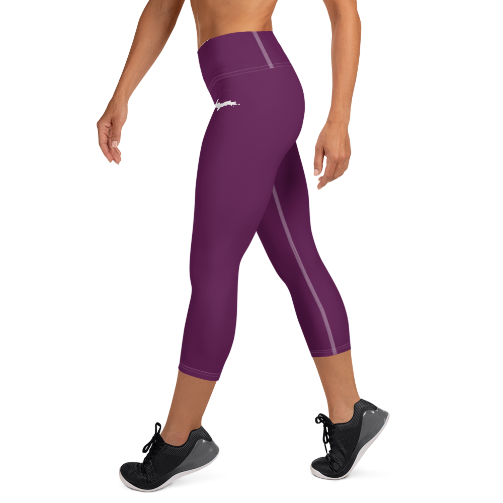 Michigan Upper Peninsula Yoga Capri Leggings (w/ UP Outline) | Tyrian Purple