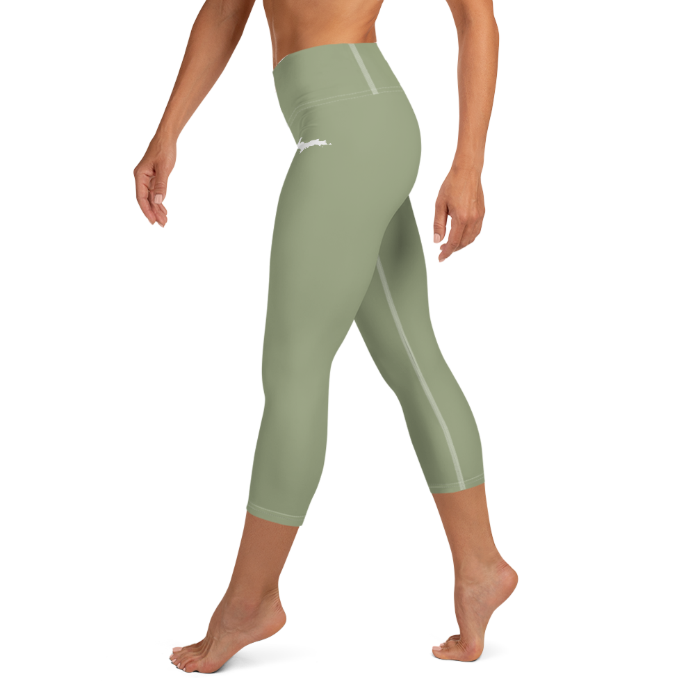 Michigan Upper Peninsula Yoga Capri Leggings (w/ UP Outline) | Beachgrass Green