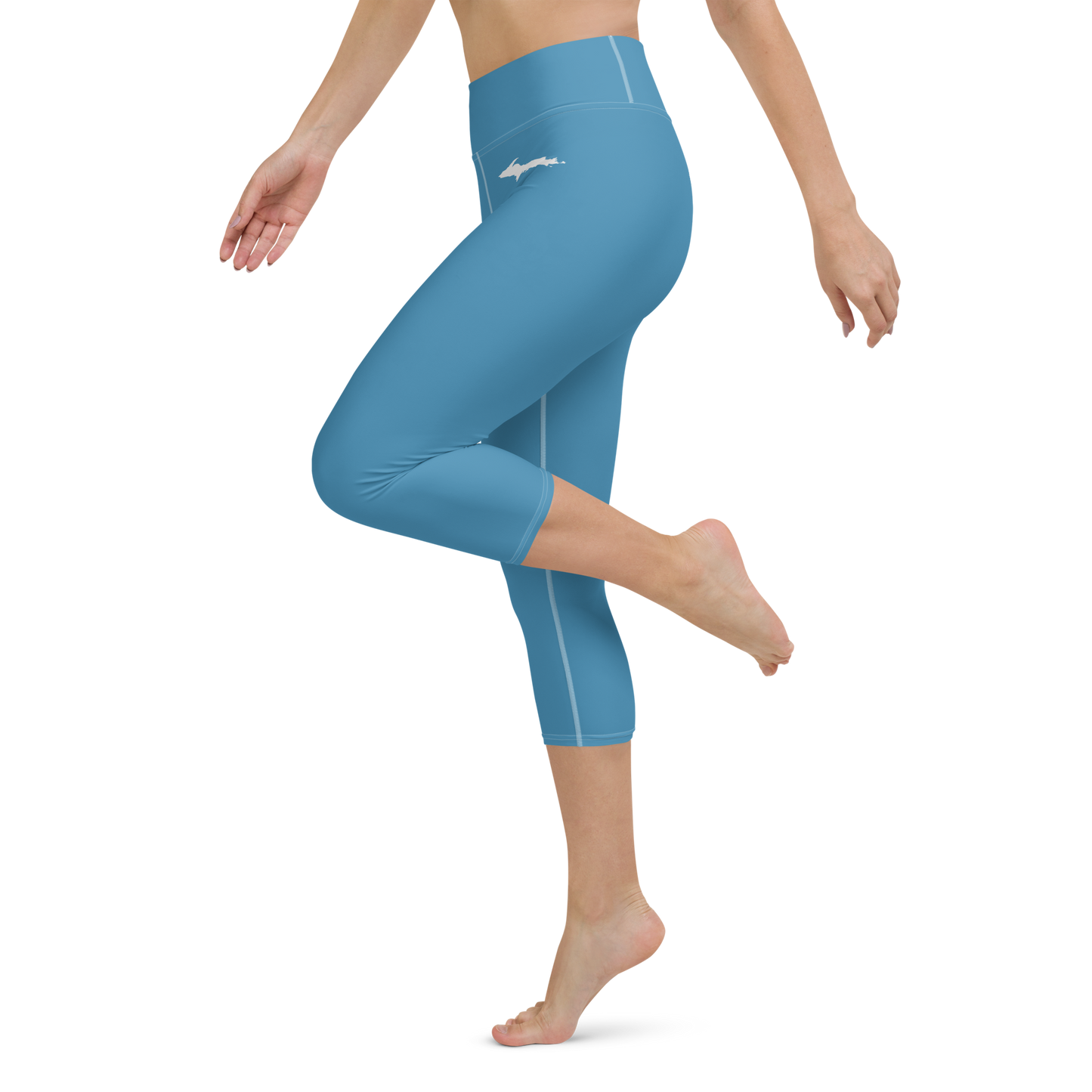 Michigan Upper Peninsula Yoga Capri Leggings (w/ UP Outline) | Lake Michigan Blue