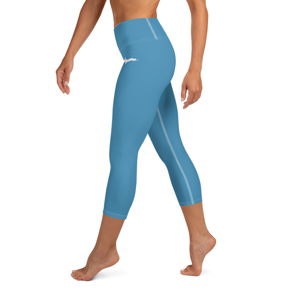 Michigan Upper Peninsula Yoga Capri Leggings (w/ UP Outline) | Lake Michigan Blue