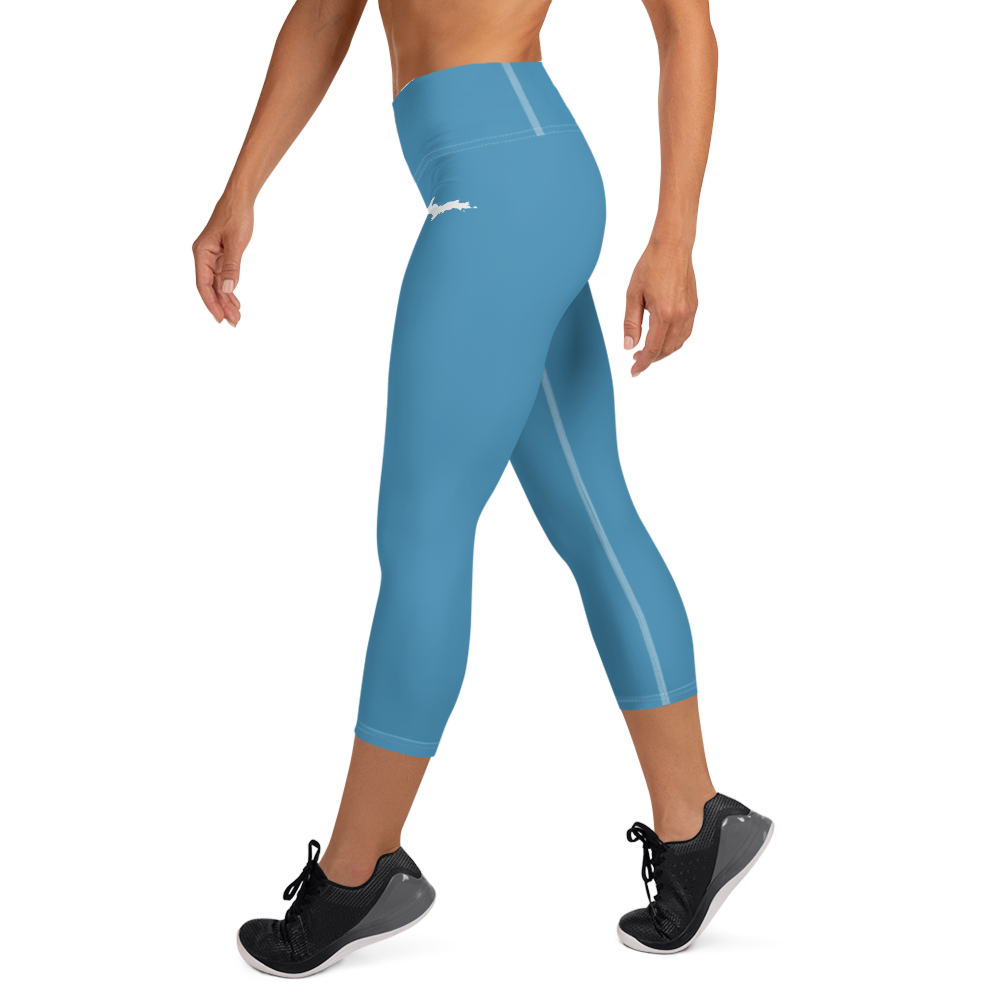 Michigan Upper Peninsula Yoga Capri Leggings (w/ UP Outline) | Lake Michigan Blue