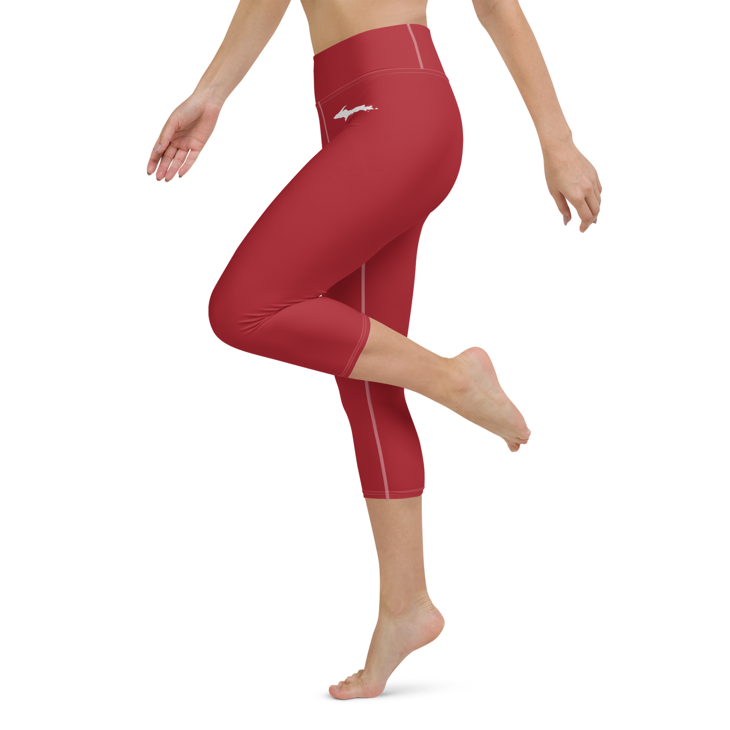 Michigan Upper Peninsula Yoga Capri Leggings (w/ UP Outline) | Thimbleberry Red