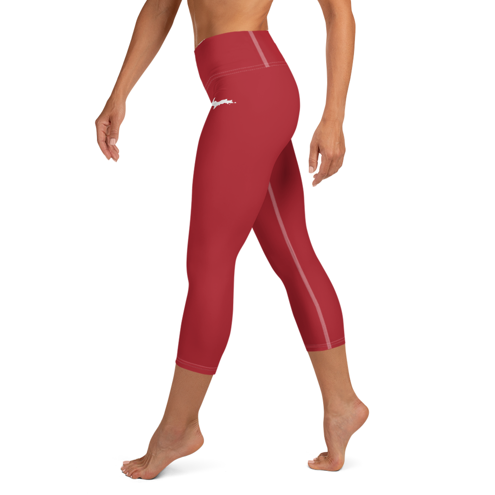 Michigan Upper Peninsula Yoga Capri Leggings (w/ UP Outline) | Thimbleberry Red