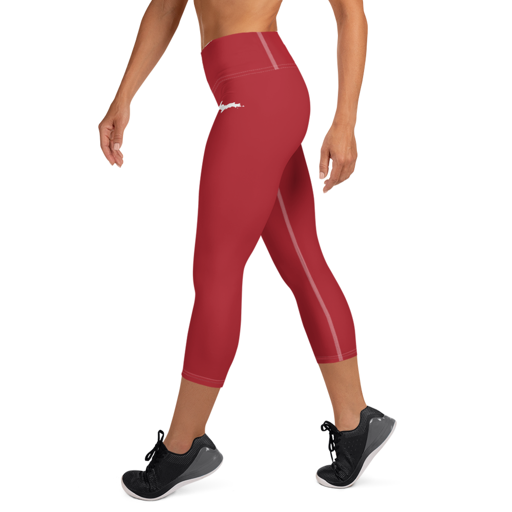 Michigan Upper Peninsula Yoga Capri Leggings (w/ UP Outline) | Thimbleberry Red