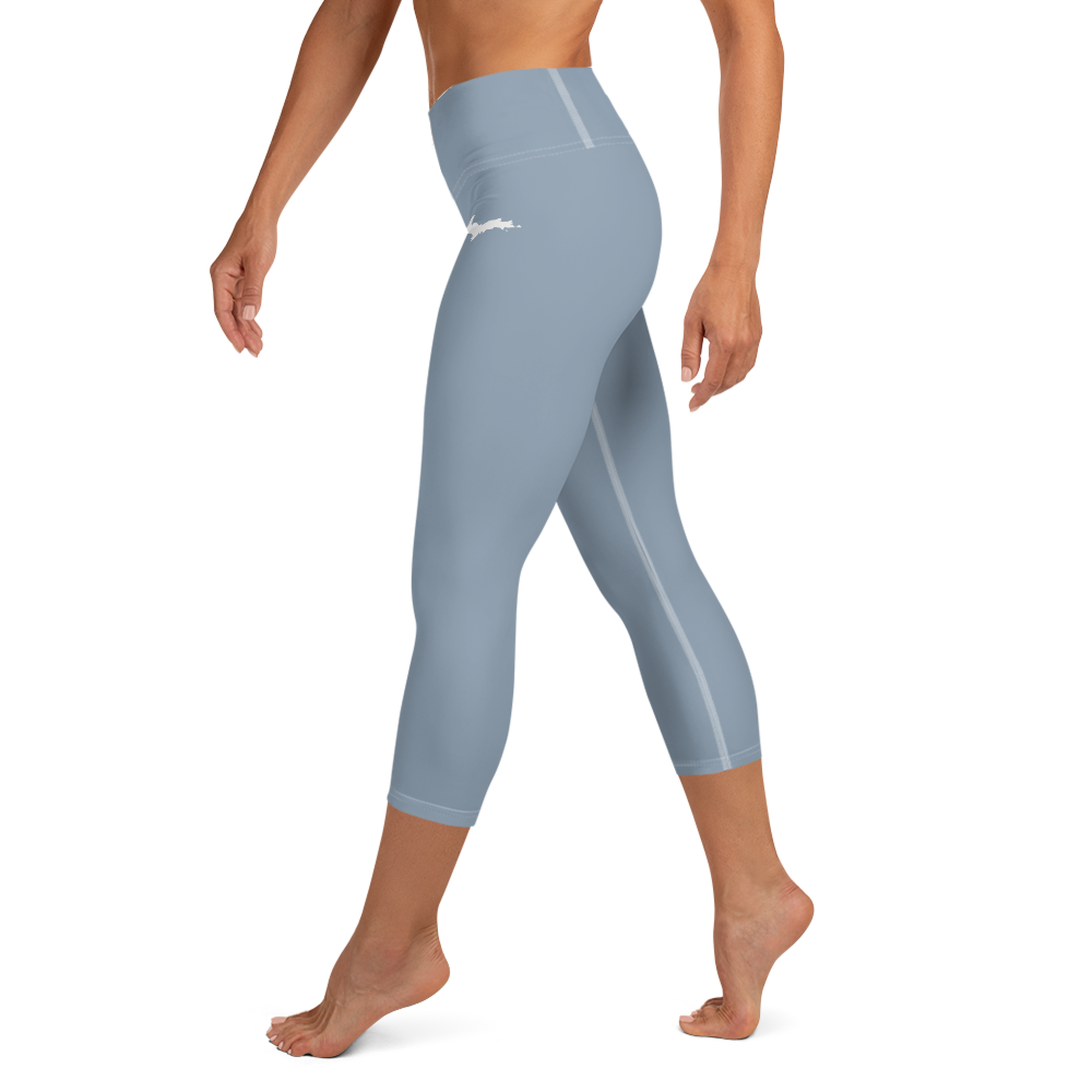 Michigan Upper Peninsula Yoga Capri Leggings (w/ UP Outline) | Lake Michigan Blue