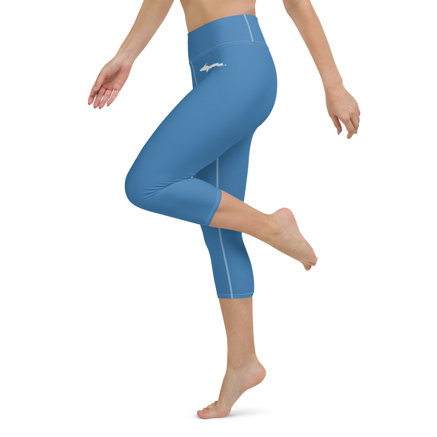 Michigan Upper Peninsula Yoga Capri Leggings (w/ UP Outline) | Lake Superior Blue