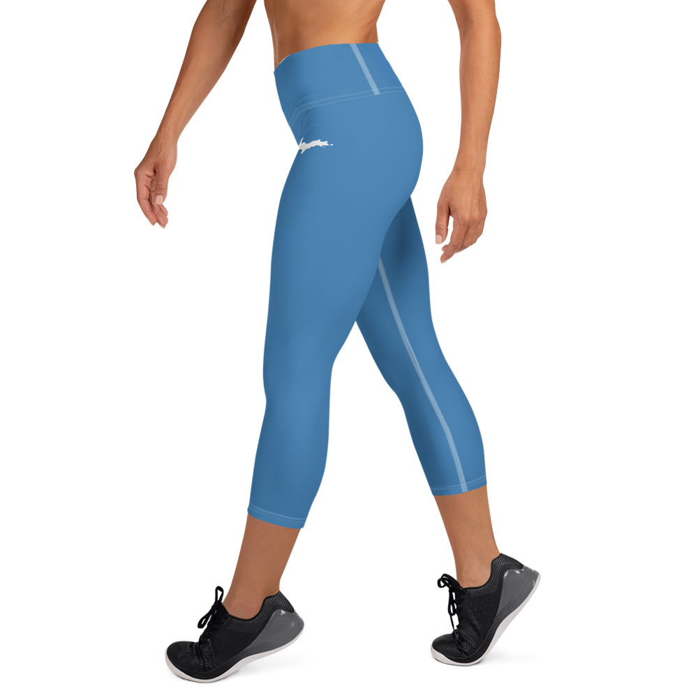 Michigan Upper Peninsula Yoga Capri Leggings (w/ UP Outline) | Lake Superior Blue