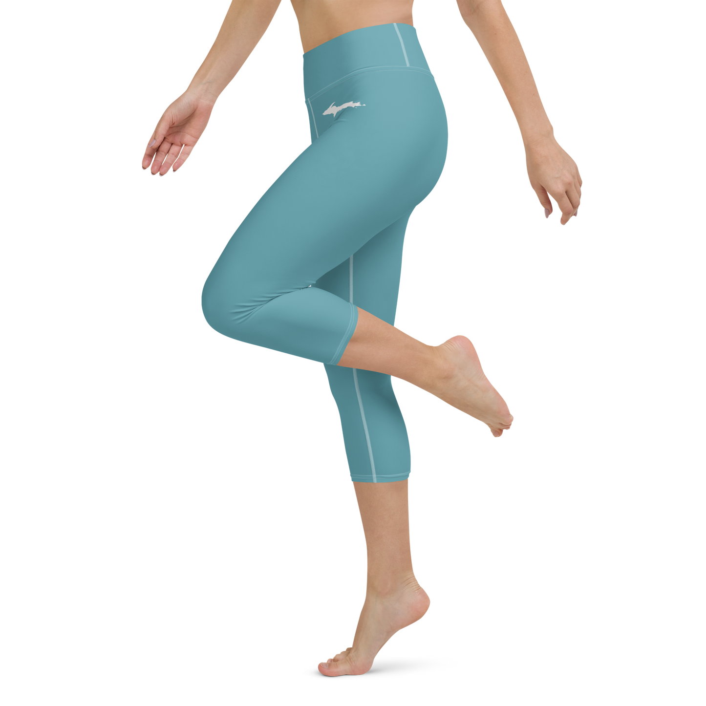 Michigan Upper Peninsula Yoga Capri Leggings (w/ UP Outline) | Lake Huron Blue