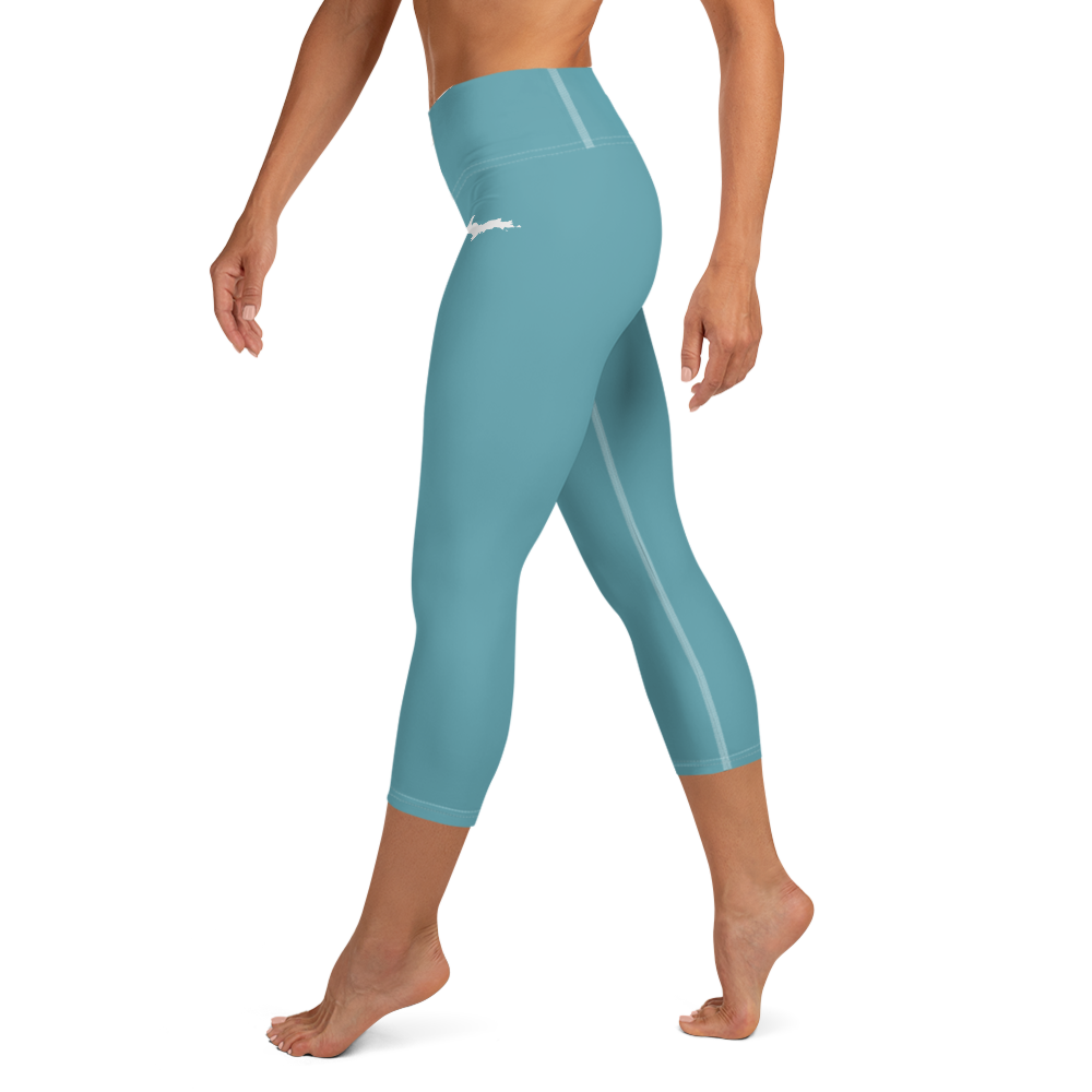 Michigan Upper Peninsula Yoga Capri Leggings (w/ UP Outline) | Lake Huron Blue