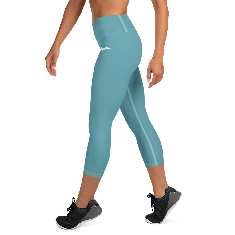 Michigan Upper Peninsula Yoga Capri Leggings (w/ UP Outline) | Lake Huron Blue