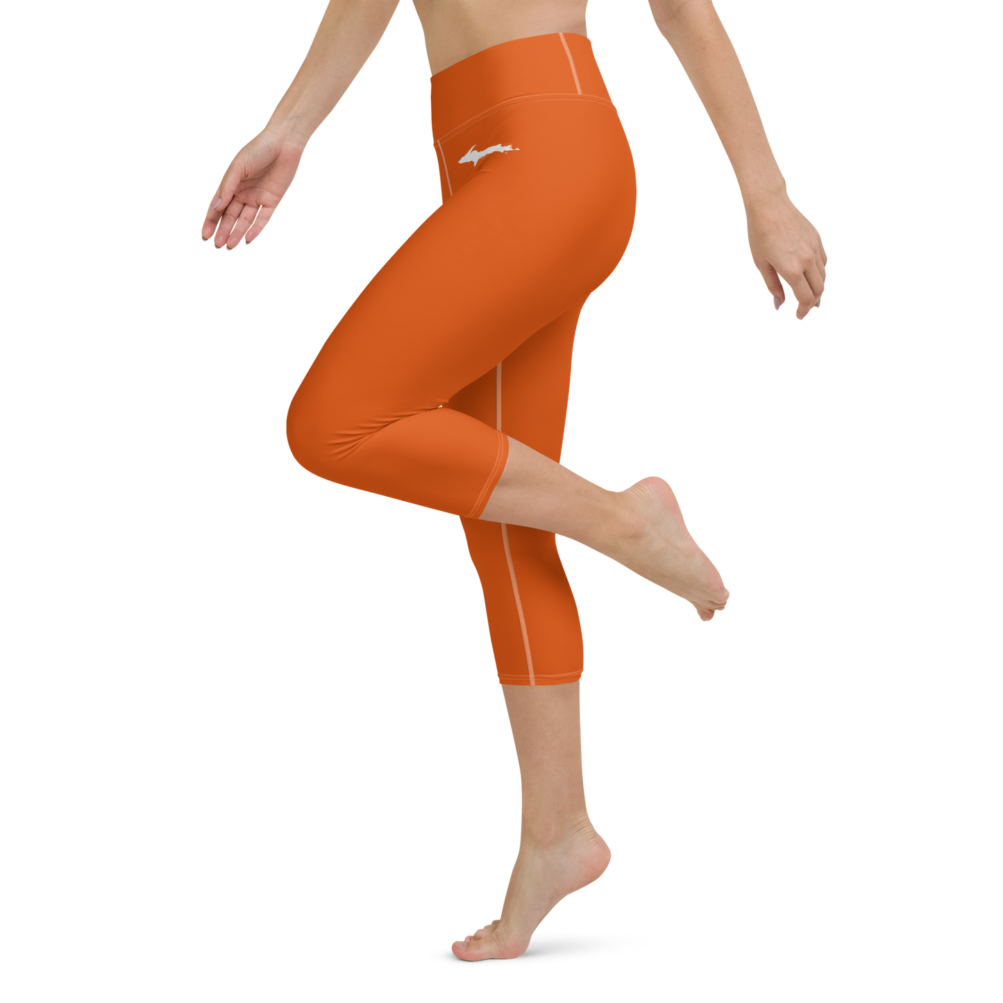 Michigan Upper Peninsula Yoga Capri Leggings (w/ UP Outline) | Maple Leaf Orange